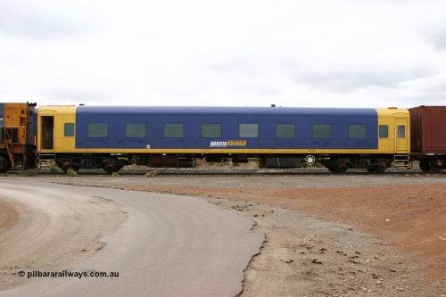 051101 6531
Parkeston, Pacific National BRS type crew accommodation coach BRS 225, originally built by Victorian Railways Newport Workshops in November 1937 as a rivetted second class sitting car for the Spirit of Progress, in August 1939 coded to BS type BS 4, in July 1977 converted to a mini buffet and coded MRS 1 and then in October 1983 recoded to BRS 225. Painted in V/Line livery in 1992. Ended up with West Coast Railway in the late 1990s, painted in WCR livery Sept 2001, prior to Pacific National ownership and conversion to a crew car.
Keywords: BRS-type;BRS225;Victorian-Railways-Newport-WS;BS-type;BS4;MRS-type;MRS1;