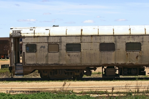 051103 6703
Spencer Junction yard, ECA 162 built by Comeng NSW in 1964 for Commonwealth Railways as a BRE type second class, air conditioned, twin berth staggered corridor steel sleeping car BRE 162. Converted to ECA type crew car in 1991. Seen here under GWA ownership on loan to Pacific National and in use on East-West freighters. Finally it was scrapped at Dry Creek in December 2014.
Keywords: ECA-type;ECA162;Comeng-NSW;BRE-type;BRE162;