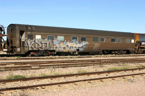 060108 2017
Spencer Junction yard, Pacific National RZAY type crew accommodation coach RZAY 944, originally built by Comeng NSW in 1969 as a stainless steel air conditioned first class roomette sleeping car, renumbered to 944 for Indian Pacific service, sold to National Rail Corporation in 1997 and converted to a crew coach.
Keywords: RZAY-type;RZAY944;Comeng-NSW;ARJ-type;ARJ244;ARJ944;