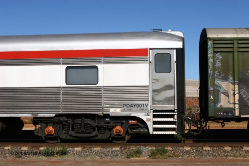 060528 4254
Parkeston, SCT PDAY type crew accommodation car PDAY 001 'Robert Mervin Yates', built by SAR Islington Workshops as a 250 type Bluebird second class railcar number 253 and named 'Pelican' in 1955, written off in 1995 and sold and eventually converted to a crew car by Bluebird Rail Services in 2005.
Keywords: PDAY-type;PDAY001;SAR-Islington-WS;Bluebird;250-type;