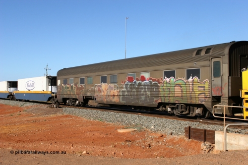 060528 4273
Parkeston, Pacific National RZAY type crew accommodation car RZAY 940 was built by Comeng NSW as an ARJ type stainless steel air conditioned first class roomette sleeping car ARJ 240 in 1968, allocated to the Indian Pacific Joint Stock in 1970, renumbered to ARJ 940 in 1974 and sold to National Rail and converted to crew car in 1997.
Keywords: RZAY-type;RZAY940;Comeng-NSW;ARJ-type;ARJ240;ARJ940;