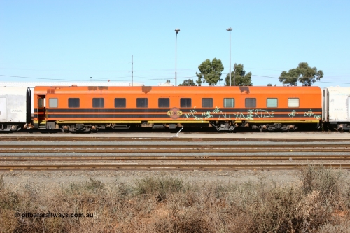 060528 4452
West Kalgoorlie, Australian Southern Railroad ECA type crew accommodation car ECA 98, originally built for the Commonwealth Railways by Wegmann & Co. in West Germany in 1955 as the ARF type first class air conditioned sleeper with rounded observation end ARF 98, rebuilt and recoded in 1972 without the observation end as BB type BB 98. Converted to a crew car in 1991.
Keywords: ECA-type;ECA98;Wegmann-&-Co-West-Germany;ARF-type;ARF98;BB-type;BB98;