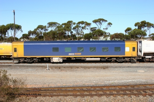 060528 4520
West Kalgoorlie, Pacific National BRS type crew accommodation coach BRS 221, originally built by Victorian Railways Newport Workshops in November 1940 as an AS type first class sitting car for the Spirit of Progress as AS 6, in April 1983 converted to a combined sitting accommodation and a mini refreshment service as BRS type BRS 1, then in September 1985 renumbered to BRS 221. Sold to West Coast Railway mid 1990s, converted to crew car after 2004.
Keywords: BRS-type;BRS221;Victorian-Railways-Newport-WS;AS-type;AS6;BRS-type;BRS1;