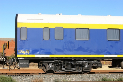 060530 4843
Parkeston, SCT VPAY type crew accommodation car VPAY 2 'Great Artesian' on train 2PM9, built by Tulloch Ltd NSW in 1968 as a narrow gauge brake van with sleeping accommodation as NHRD type NHRD 79, converted to standard gauge in 1981 and coded HRD type HRD 361. Recoded to AVDY in October 1982, then to AVDP. Sold to WCR, then in October 2000 overhauled for crew car use and coded VPAY 1 on SCT services and owned by Freight Australia. Was later sold to Pacific National and subsequently scrapped 2016.
Keywords: VPAY-type;VPAY2;Tulloch-Ltd-NSW;NHRD-type;NHRD79;HRD-type;HRD361;AVDY-type;AVDP-type;