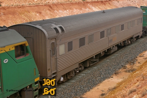 060601 5092
Parkeston, Pacific National RZAY type crew accommodation car RZAY 283 on train 4PM6 was built by Comeng NSW as an ARJ type stainless steel air conditioned first class roomette sleeping car ARJ 283 in 1972, sold to National Rail and converted to a crew car in 1997. Destroyed at the Jumperkine collision in December 2019.
Keywords: RZAY-type;RZAY283;Comeng-NSW;ARJ-type;ARJ283;