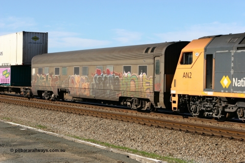 060603 5385
Midland, Pacific National RZAY type crew accommodation car RZAY 940 on train 4MP5 was built by Comeng NSW as an ARJ type stainless steel air conditioned first class roomette sleeping car ARJ 240 in 1968, allocated to the Indian Pacific Joint Stock in 1970, renumbered to ARJ 940 in 1974 and sold to National Rail and converted to crew car in 1997.
Keywords: RZAY-type;RZAY940;Comeng-NSW;ARJ-type;ARJ240;ARJ940;