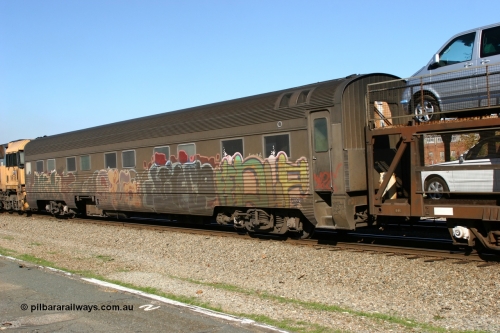 060603 5450
Midland, Pacific National RZAY type crew accommodation car RZAY 940 on train 7PS6 was built by Comeng NSW as an ARJ type stainless steel air conditioned first class roomette sleeping car ARJ 240 in 1968, allocated to the Indian Pacific Joint Stock in 1970, renumbered to ARJ 940 in 1974 and sold to National Rail and converted to crew car in 1997.
Keywords: RZAY-type;RZAY940;Comeng-NSW;ARJ-type;ARJ240;ARJ940;
