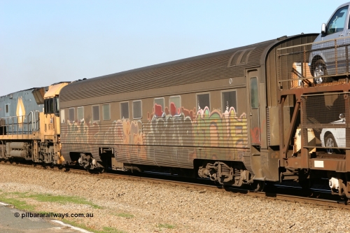 060603 5451
Midland, Pacific National RZAY type crew accommodation car RZAY 940 on train 7PS6 was built by Comeng NSW as an ARJ type stainless steel air conditioned first class roomette sleeping car ARJ 240 in 1968, allocated to the Indian Pacific Joint Stock in 1970, renumbered to ARJ 940 in 1974 and sold to National Rail and converted to crew car in 1997.
Keywords: RZAY-type;RZAY940;Comeng-NSW;ARJ-type;ARJ240;ARJ940;