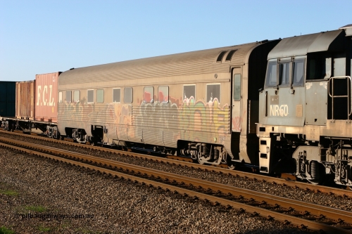060608 5882
Midland, Pacific National RZAY type crew accommodation car RZAY 940 was built by Comeng NSW as an ARJ type stainless steel air conditioned first class roomette sleeping car ARJ 240 in 1968, allocated to the Indian Pacific Joint Stock in 1970, renumbered to ARJ 940 in 1974 and sold to National Rail and converted to crew car in 1997.
Keywords: RZAY-type;RZAY940;Comeng-NSW;ARJ-type;ARJ240;ARJ940;