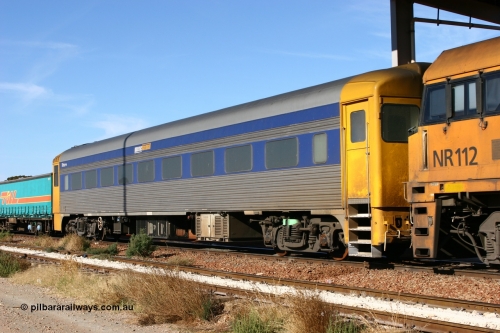 070527 9163
Parkeston; Pacific National RZDY type crew accommodation car RZDY 106 'Bittern' on train 6MP4 originally built by SAR Islington Workshops as a Bluebird railcar driving trailer in 1958 named 'Britten', in 1986 numbered 106, in 1990 converted to locomotive hauled and coded as BR type BR 106, written off in 1995 and sold off. In 1998 it was numbered 812. It was owned by a number of owners and then CFCLA. In 2006 converted to a Pacific National crew car.
Keywords: RZDY-type;RZDY106;SAR-Islington-WS;Bluebird;106;BR106;812;