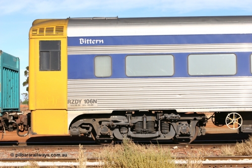 070527 9164
Parkeston; Pacific National RZDY type crew accommodation car RZDY 106 'Bittern' on train 6MP4 originally built by SAR Islington Workshops as a Bluebird railcar driving trailer in 1958 named 'Britten', in 1986 numbered 106, in 1990 converted to locomotive hauled and coded as BR type BR 106, written off in 1995 and sold off. In 1998 it was numbered 812. It was owned by a number of owners and then CFCLA. In 2006 converted to a Pacific National crew car.
Keywords: RZDY-type;RZDY106;SAR-Islington-WS;Bluebird;106;BR106;812;