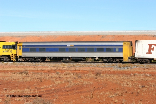 070529 9350
Parkeston; Pacific National RZDY type crew accommodation car RZDY 103 'Ibis' on train 2PM6 originally built by SAR Islington Workshops as a Bluebird railcar driving trailer in 1956 named 'Ibis', in 1986 numbered 103, in 1990 converted to locomotive hauled and coded as BR type BR 103, written off in 1995 and sold off. It was owned by a number of owners and finally in 2006 converted to a Pacific National crew car.
Keywords: RZDY-type;RZDY103;SAR-Islington-WS;Bluebird;103;BR103;