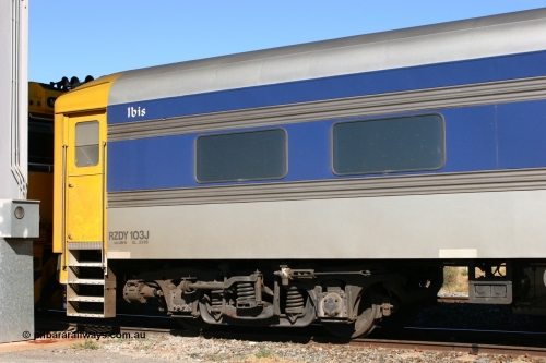 070529 9352
Parkeston; Pacific National RZDY type crew accommodation car RZDY 103 'Ibis' on train 2PM6 originally built by SAR Islington Workshops as a Bluebird railcar driving trailer in 1956 named 'Ibis', in 1986 numbered 103, in 1990 converted to locomotive hauled and coded as BR type BR 103, written off in 1995 and sold off. It was owned by a number of owners and finally in 2006 converted to a Pacific National crew car.
Keywords: RZDY-type;RZDY103;SAR-Islington-WS;Bluebird;103;BR103;