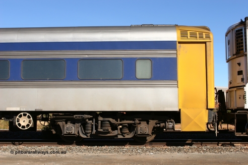 070529 9353
Parkeston; Pacific National RZDY type crew accommodation car RZDY 103 'Ibis' on train 2PM6 originally built by SAR Islington Workshops as a Bluebird railcar driving trailer in 1956 named 'Ibis', in 1986 numbered 103, in 1990 converted to locomotive hauled and coded as BR type BR 103, written off in 1995 and sold off. It was owned by a number of owners and finally in 2006 converted to a Pacific National crew car.
Keywords: RZDY-type;RZDY103;SAR-Islington-WS;Bluebird;103;BR103;