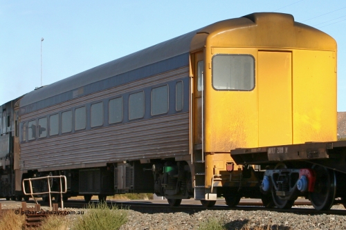 070529 9460
Parkeston; Pacific National RZDY type crew accommodation car RZDY 106 'Bittern' on train 3PW originally built by SAR Islington Workshops as a Bluebird railcar driving trailer in 1958 named 'Britten', in 1986 numbered 106, in 1990 converted to locomotive hauled and coded as BR type BR 106, written off in 1995 and sold off. In 1998 it was numbered 812. It was owned by a number of owners and then CFCLA. In 2006 converted to a Pacific National crew car.
Keywords: RZDY-type;RZDY106;SAR-Islington-WS;Bluebird;106;BR106;812;