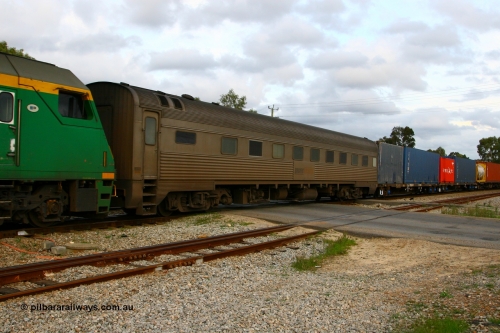 070613 0072
Woodbridge, Pacific National RZBY type crew accommodation car RZBY 208 on train 4PM6, built by Comeng NSW as ER type stainless steel air conditioned crew dormitory car ER 208 in 1969, sold to National Rail and converted to crew car in 1997.
Keywords: RZBY-type;RZBY208;Comeng-NSW;ER-type;