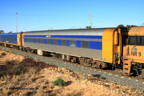 100601 8383
West Kalgoorlie, crew accommodation coach RZEY 3, built by South Australian Railways Islington Workshops in 1956 as Tolkini for The Overland, renamed to Malkari in 1957 then coded JTA 3 in 1987, converted to crew coach in 2007 by Bluebird Rail Operations.
Keywords: RZEY-type;RZEY3;SAR-Islington-WS;JTA-type;JTA3;Tolkini;Malkari;