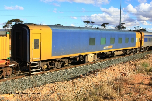 100601 8389
West Kalgoorlie, Pacific National BRS type crew accommodation coach BRS 221, originally built by Victorian Railways Newport Workshops in November 1940 as an AS type first class sitting car for the Spirit of Progress as AS 6, in April 1983 converted to a combined sitting accommodation and a mini refreshment service as BRS type BRS 1, then in September 1985 renumbered to BRS 221. Sold to West Coast Railway mid 1990s, converted to crew car after 2004.
Keywords: BRS-type;BRS221;Victorian-Railways-Newport-WS;AS-type;AS6;BRS-type;BRS1;