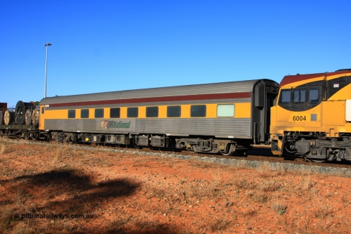 100603 9047
West Kalgoorlie, crew accommodation coach QCAY 2 was built by the South Australian Railways Islington Workshops in 1958 as Chalaki for The Overland as a corten steel roomette sleeping car. Purchased by Bluebird Rail in 2007 and converted to crew car for Queensland Rail ~2010.
Keywords: QCAY-type;QCAY2;SAR-Islington-WS;Chalaki;JRA-type;JRA2;