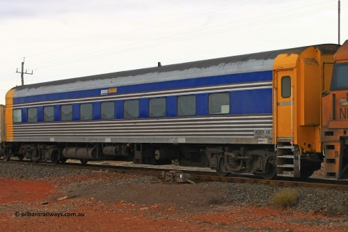 100606 9452
Parkeston, Pacific National crew car RZEY type RZEY 1 was built by the South Australian Railways Islington Workshops in 1958 as Mururi for The Overland as a corten steel roomette sleeping car, coded JRA 1 in 1987, loaned to V/Line in 1992 for the Vinelander, scrapped in 1995 and sold to International Development Services, 1998 sold to West Coast Rail, sold to Australian Locomotive and Railway Carriage Company in 2004, then rebuilt into crew car by BlueBird Rail Operations in 2007.
Keywords: RZEY-type;RZEY1;SAR-Islington-WS;JRA-type;JRA1;Mururi;