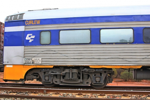 100606 9605
Golden Ridge, CFCLA leased crew accommodation coach CDBY type CDBY 255 'Curlew', originally built by SAR Islington Workshops in 1956 as a Bluebird railcar 'Curlew', later numbered 802 in National Rail service, then to CDBY 255 when converted to crew coach in 2007.
Keywords: CDBY-type;CDBY255;SAR-Islington-WS;Bluebird;250-type;