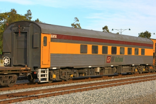 100611 0400
Midland, crew accommodation coach QCAY 5 was built by the South Australian Railways Islington Workshops in 1958 as Juki for The Overland as a corten steel roomette sleeping car. Sold to Blue Bird Rail in 1997, then to Grand Corporate Rail, renamed BMC 2, in 2003 sold to Great Southern Railway and renamed Sir John Forrest. Purchased by Bluebird Rail and converted to crew car and then sold to Queensland Rail.
Keywords: QCAY-type;QCAY5;SAR-Islington-WS;Juki;JRA-type;JRA5;