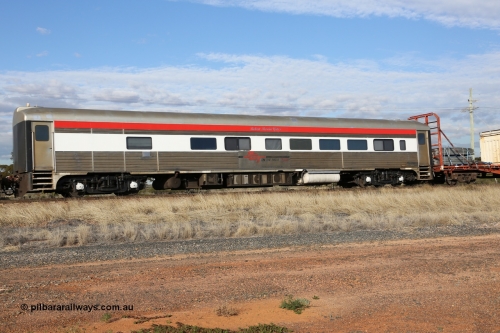 130710 1008
Parkeston, SCT PDAY type crew accommodation car PDAY 001 'Robert Mervin Yates', built by SAR Islington Workshops as a 250 type Bluebird second class railcar number 253 and named 'Pelican' in 1955, written off in 1995 and sold and eventually converted to a crew car by Bluebird Rail Services in 2005.
Keywords: PDAY-type;PDAY001;SAR-Islington-WS;Bluebird;250-type;