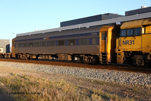 150531 8853
Parkeston, Pacific National RZDY type crew accommodation car RZDY 100 'MOPOKE', started life as a Bluebird railcar driving trailer built by South Australian Railways Islington Workshops in 1955 as Mopoke. In 1986 coded 100, then to 107, in 2001 renumbered 100 and named 'Cabernet'. Converted to crew car for Pacific National as RZDY in 2006 at Islington workshops.
Keywords: RZDY-type;RZDY100;SAR-Islington-WS;Bluebird;Mopoke;Cabernet;