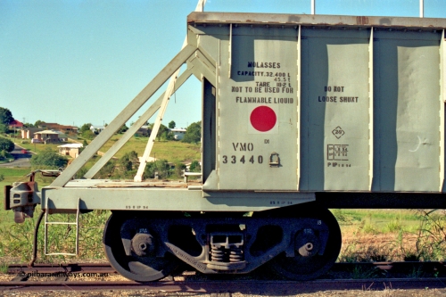187-12
Monkland, Gympie Queensland. VMO type molasses waggon VMO 33440. Originally built by Nippon Sharyo Nihon in 1965 as a batch of 200 VO type coal hoppers. Converted to VMO in 1994. [url=https://goo.gl/maps/Fy4T98DMkxP2]GeoData[/url].
Keywords: VMO-type;VMO33440;Nippon-Sharyo-Nihon;VO-type;