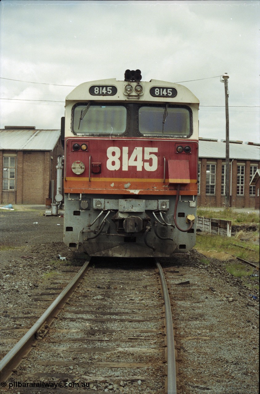 188-30
Junee, NSWSRA standard gauge locomotive depot, 81 class unit 8145 serial 84-1064, Clyde Engineering built EMD model JT26C-2SS.
Keywords: 81-CLass;8145;Clyde-Engineering-Kelso-NSW;EMD;JT26C-2SS;84-1064;