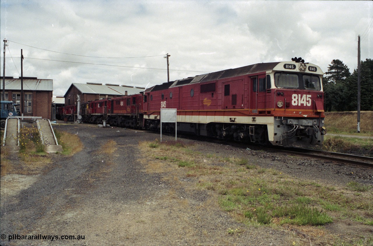 188-31
Junee, NSWSRA standard gauge locomotive depot, 81 class unit 8145 serial 84-1064, Clyde Engineering built EMD model JT26C-2SS.
Keywords: 81-CLass;8145;Clyde-Engineering-Kelso-NSW;EMD;JT26C-2SS;84-1064;
