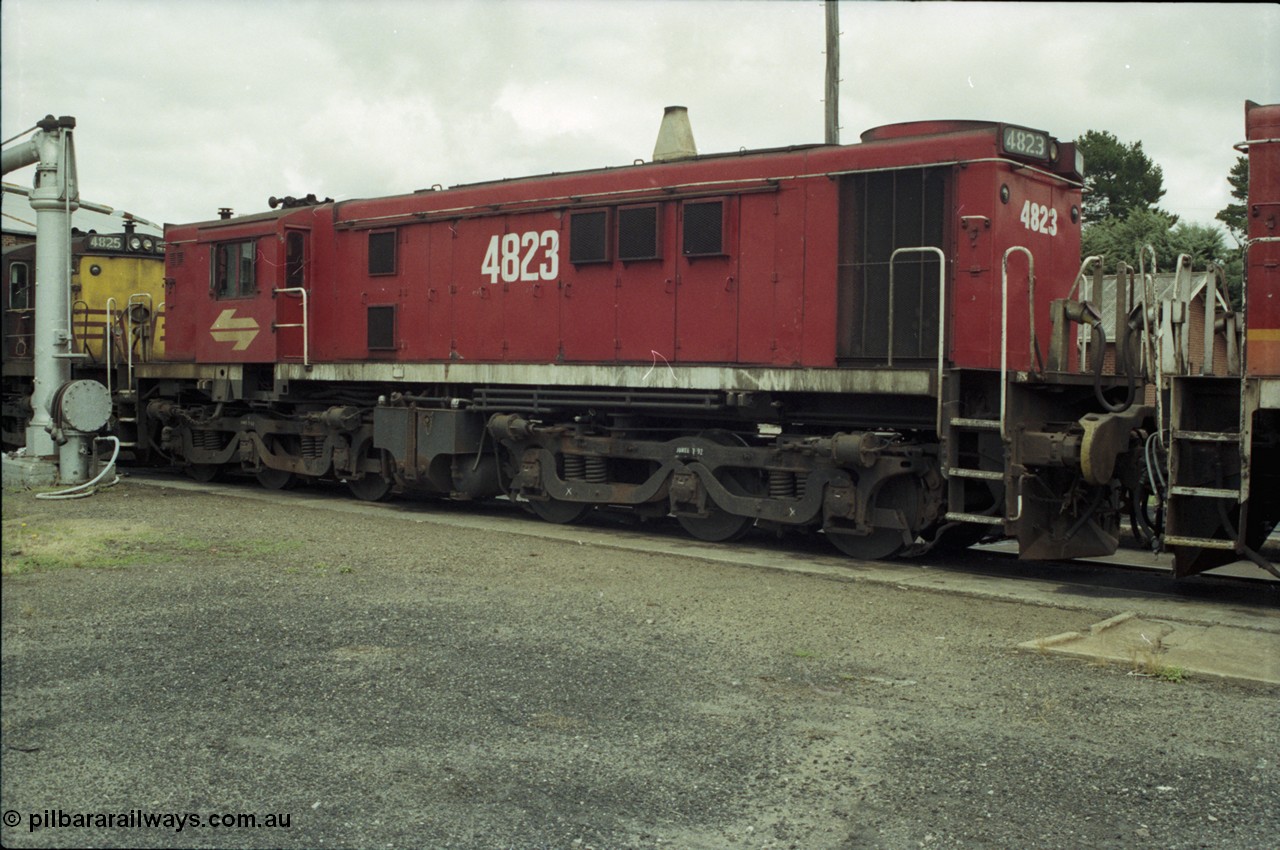 188-34
Junee, NSWSRA standard gauge locomotive depot, 48 class unit 4823 serial 83818 in the red terror livery. AE Goodwin built ALCo DL531 model. Unit scrapped in 1999.
Keywords: 48-class;4823;AE-Goodwin;ALCo;RSD-8;DL-531;83818;