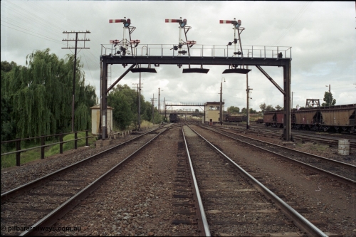 188-24
Junee, NSW Main South looking towards Albury along the middle road which becomes the mainline, the Down Shunting Neck is on the left, the signal bridge is at the 485.920 km.
