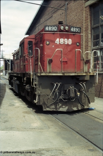 188-37
Junee, NSWSRA standard gauge locomotive depot, 48 class MK III unit 4890 serial G3420-5 in the red terror livery, built by AE Goodwin as ALCo model DL531. Scrapped in 2014.
Keywords: 48-class;4839;AE-Goodwin;ALCo;RSD-8;DL-531;G3420-5;
