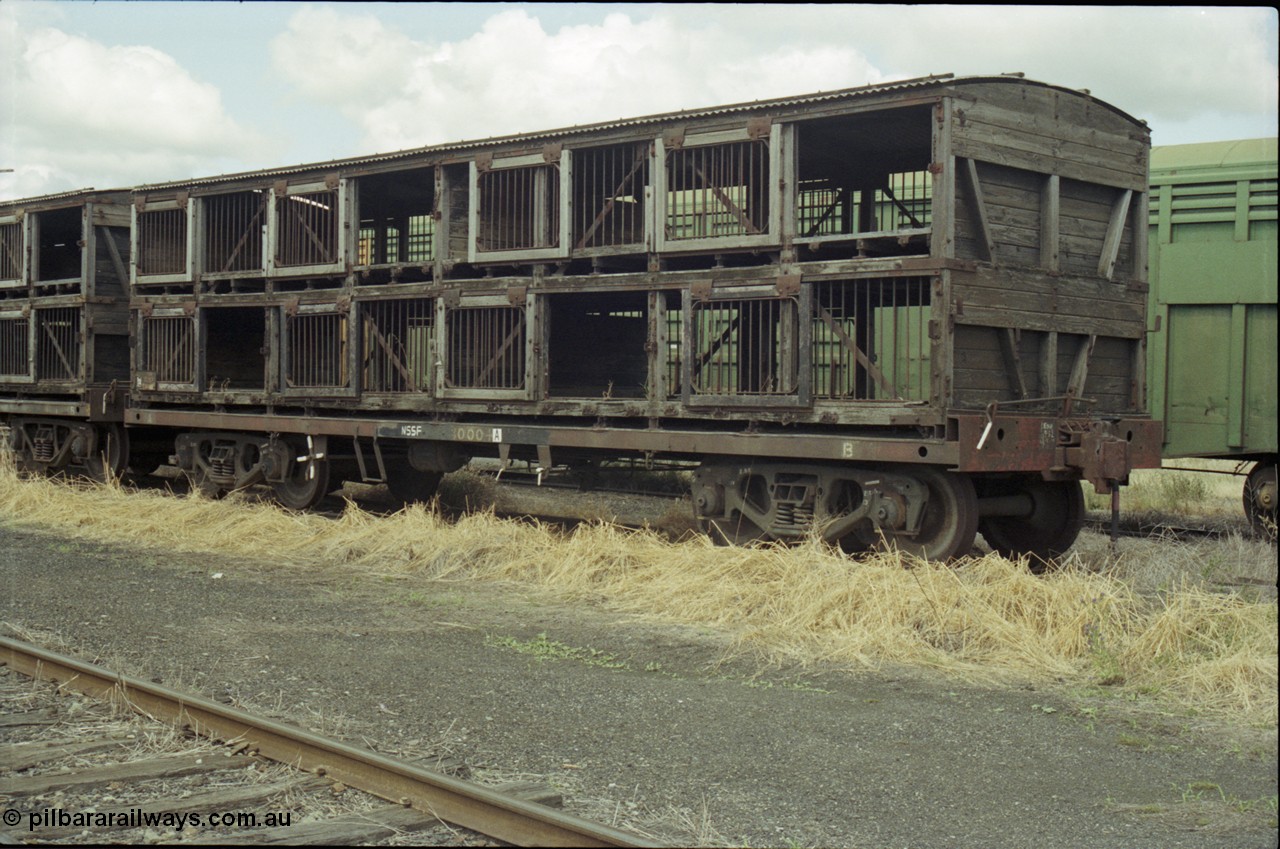 190-13
Cootamundra, NSW Main South, NSSF type bogie sheep waggon NSSF 30004, originally built by AE Goodwin as BSV type.
Keywords: NSSF-type;NSSF30004;AE-Goodwin;BSV-type;