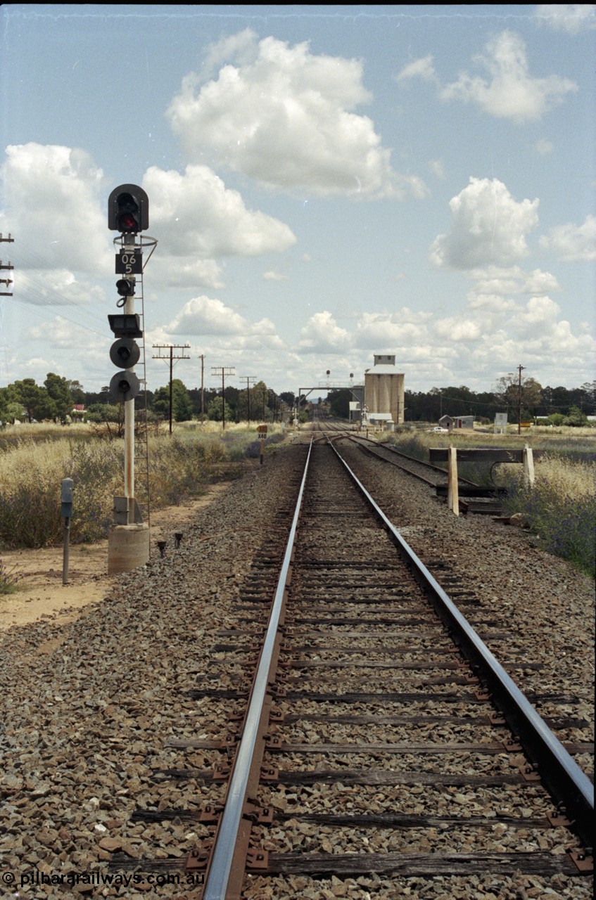 190-36
Uranquinty, located at the 535.72 km on the NSW Main South line, looking south from the north end past signal post 06/5. The north end shunt neck is on the right.
