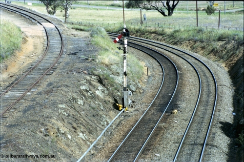 190-21
Demondrille, NSW Main South, a signal for Up trains running through to Goulburn, looking north from Wombat Road, the North Shunting Neck is on the left.
