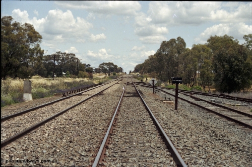 190-35
Uranquinty, located at the 535.72 km on the NSW Main South line, looking south with the goods and stock sidings branching off on the right. The Kywong branch can be seen in the distance on the right.
