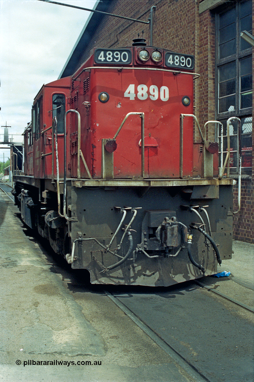 192-01
Junee, NSWSRA standard gauge locomotive depot, NSWGR 48 class unit 4890 in the Red Terror livery idles away, an ALCo RSD-8 or DL-531 model built by AE Goodwin in 1966 serial G3420-5.
Keywords: 48-class;4890;AE-Goodwin;ALCo;RSD-8;DL-531;G3420-5;