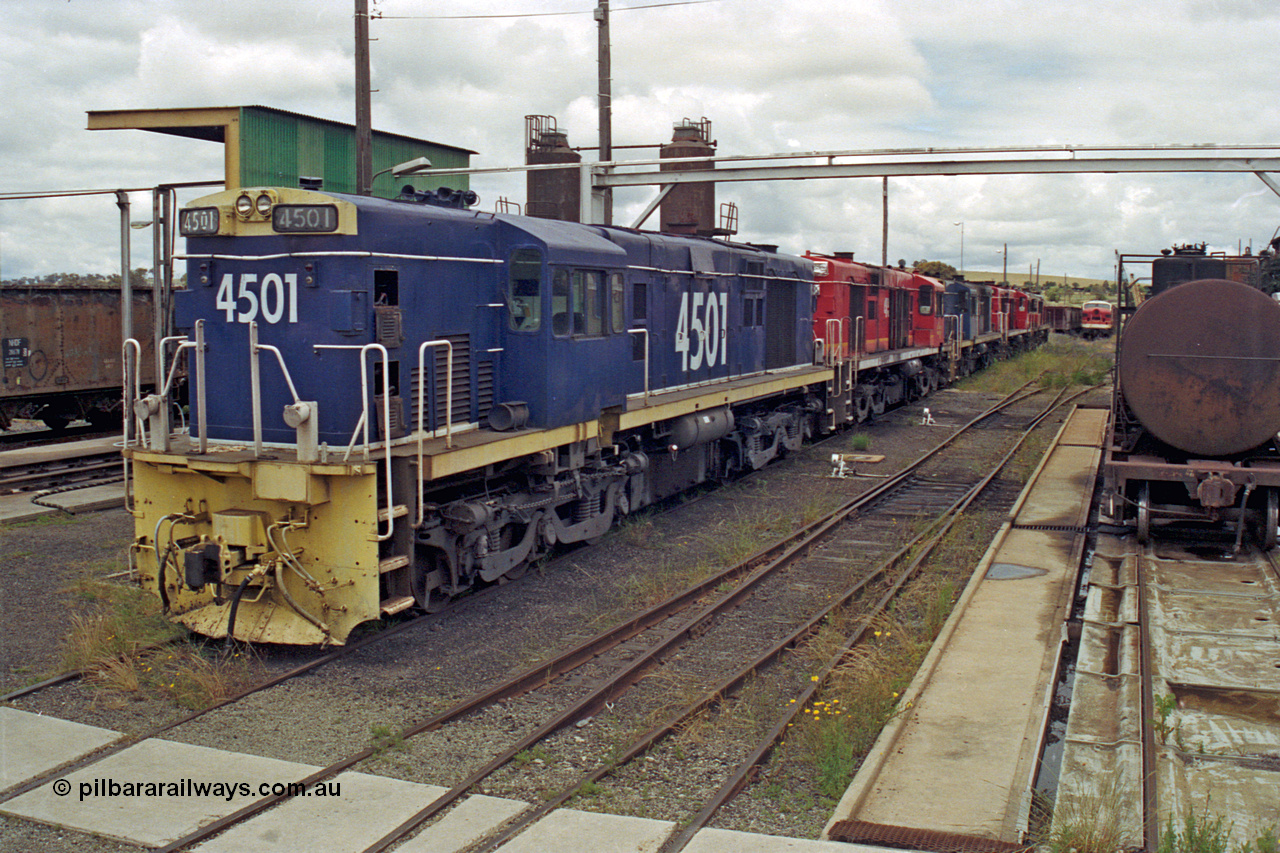 192-12
Junee, NSWSRA standard gauge locomotive depot, class leader of the NSWGR 45 class 4501 an ALCo RSD-20 or DL-541 built by AE Goodwin in 1962 with serial 84143.
Keywords: 45-class;4501;AE-Goodwin;ALCo;RSD-20;DL-541;84143;