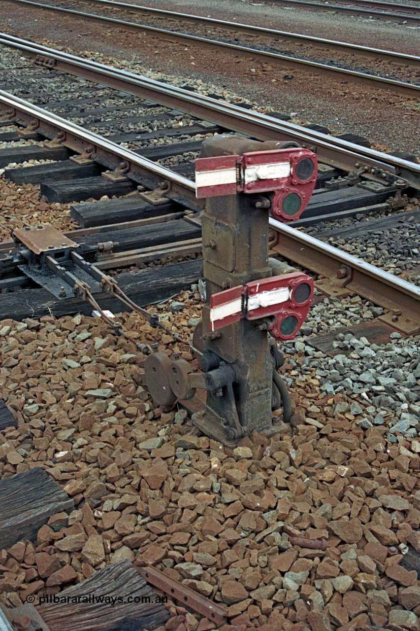 192-22
Junee, NSW Main South, mechanical lower quadrant ground shunting semaphore signals, hinged arms for tight clearances.
