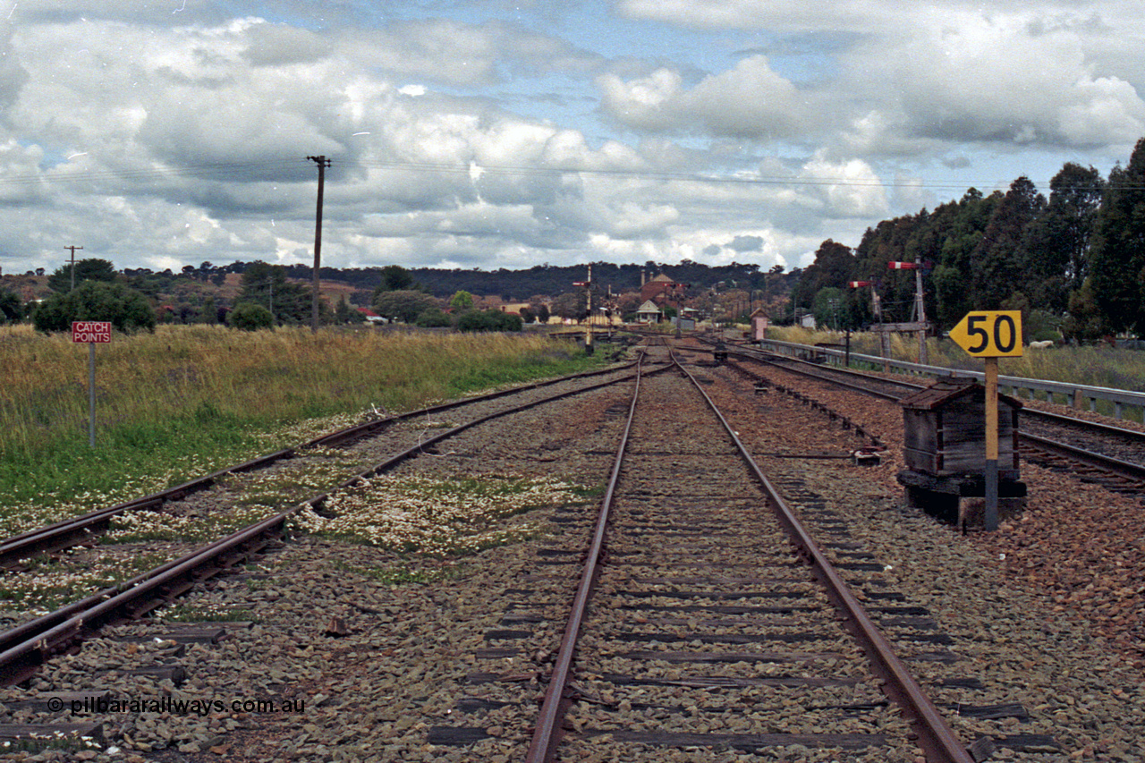192-27
Cootamundra West, NSW, view looking in the up direction from the end No.1 Goods Siding and points can just be seen for No.2 Goods Siding. Taken from the Refuge Siding. The timber storage box behind the 50 km/h sign is a fettler's tool box.

