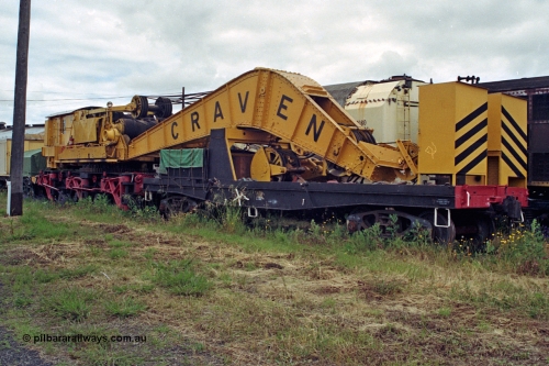 192-18
Junee, NSWSRA standard gauge locomotive depot, stored Craven Brothers of Birmingham England built 70 ton steam crane 1072 and match truck L 502, crane was built in 1929 as steam driven, since converted to diesel operation.
Keywords: Craven-Bros;70-ton;crane;1072;