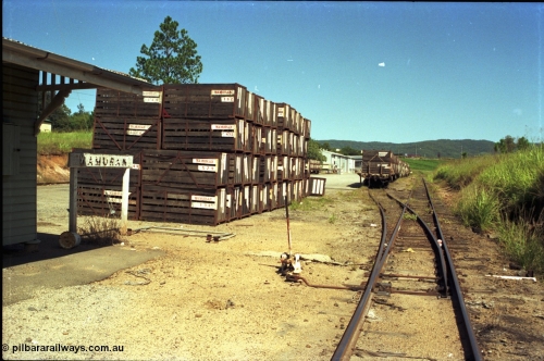 193-03
Wamuran station yard looking west towards Kilcoy, empty pineapple bins await loading, flat waggons in goods road loaded with bins.

