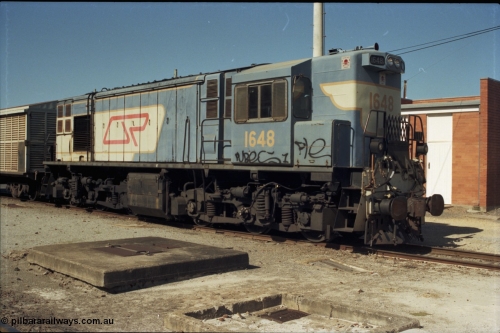 193-20
Gympie, station yard, QR narrow gauge unit 1648, an English Electric RS95C model built at their Rocklea Qld plant in 1967, known in the QR as class 1620. [url=https://goo.gl/maps/Yav8VtdvkZD2]GeoData[/url].
Keywords: 1620-class;1648;English-Electric;RS95C;A-190;