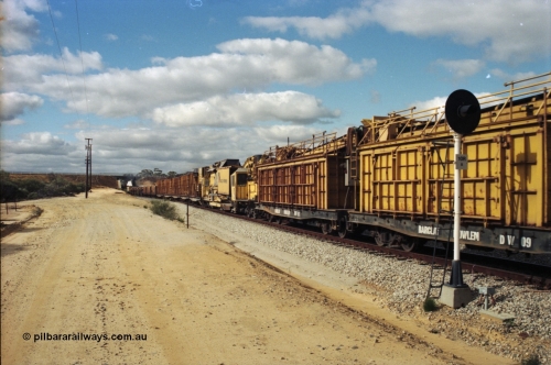200-06
Moorine Rock, Westrail L class 271 departs the loop with the Barclay Mowlem ballast cleaning train known as the Circus Train 22nd June 1997.
