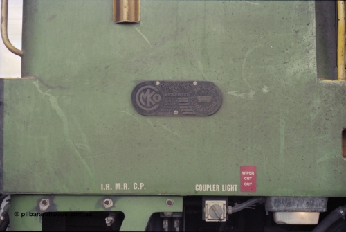 200-13
Moorine Rock, Australian National ALF class ALF 24 builders plate on the A end cab, Morrison Knudson rebuilt the AL class into the ALF with new model being JT26C-2M and serial 94-AN-024, June 22, 1997.
Keywords: ALF-class;ALF24;Morrison-Knudson;EMD;JT26C-2M;94-AN-024;rebuild;AL-class;AL22;JT26C;76-838;