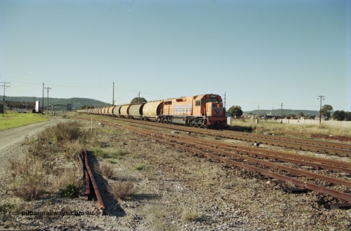 200-32
Midland, loaded standard gauge grain train behind Westrail L class L 264 Clyde Engineering EMD model GT26C serial 68-554 crossing Lloyd Street grade crossing 0940 hrs 24th June 1997.
Keywords: L-class;L264;Clyde-Engineering-Granville-NSW;EMD;GT26C;68-554;