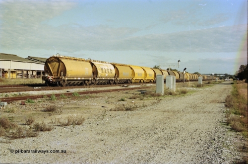 200-33
Midland, loaded standard gauge grain train behind Westrail L class L 264 trailing view of the forty WW type waggon consist 0940 hrs June 24, 1997.
