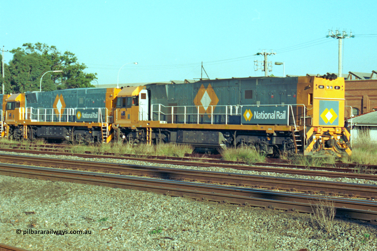 201-28
Midland, the first Perth built NR class NR 61 Goninan GE model Cv40-9i serial 7250-11/96-263 shunts at Midland with brand new NR unit NR 101.
Keywords: NR-class;NR61;Goninan;GE;CV40-9i;7250-11/96-263;